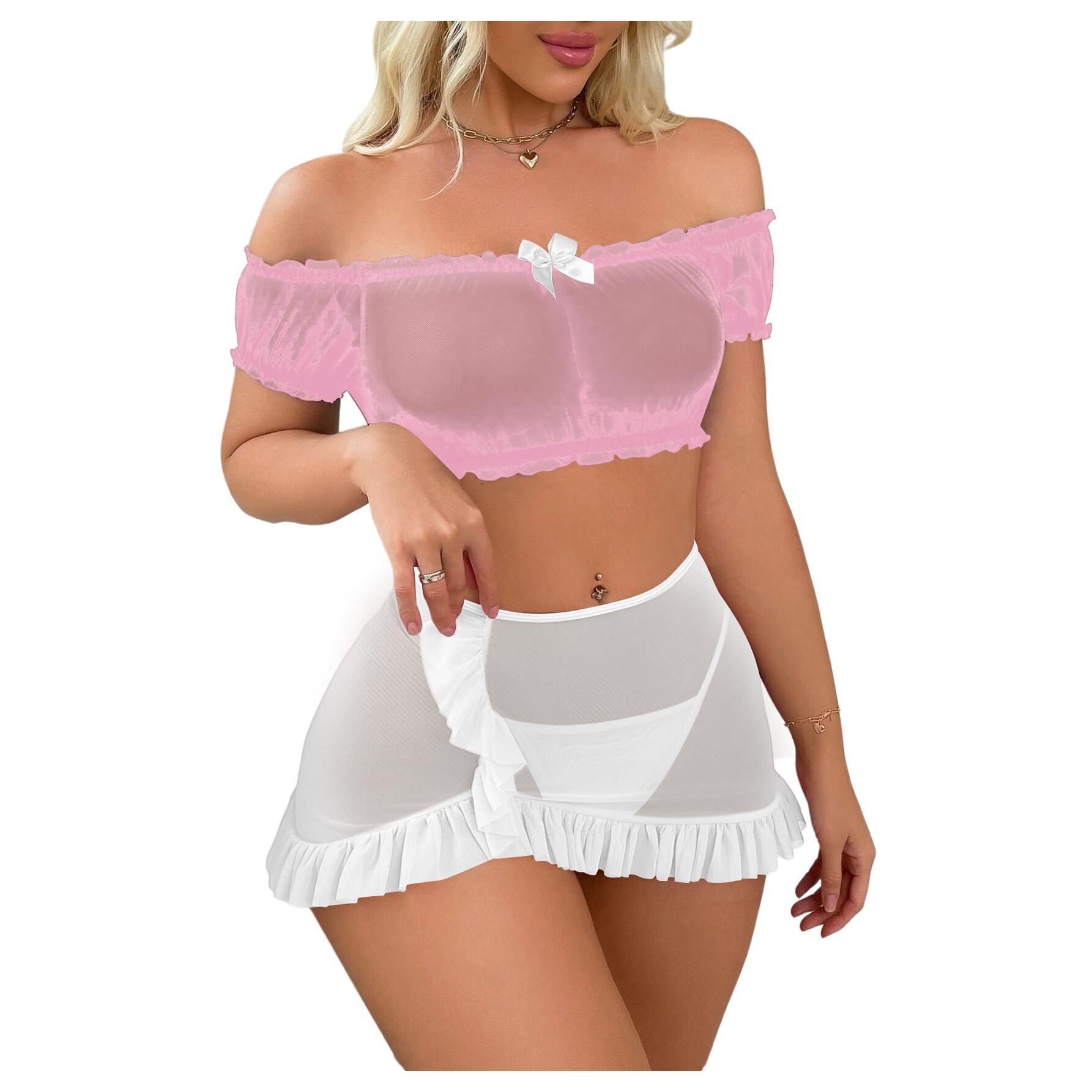 4677 Sexy Lingerie Set Sheer Mesh Off Shoulder Bra Panty Ruffle Skirts 3